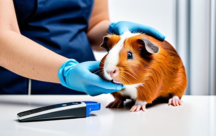 A professional, gentle human hand (implied as being part of a person in professional attire) carefully holding a small, healthy guinea pig. The setting is a clean, well-lit pet care station, with specialized small animal clippers and a container of styptic powder visible on a sterile surface. The image emphasizes responsible pet care and gentle handling. Perfect anatomy, correct proportions, natural pose, well-formed hands, proper finger count, natural body proportions, safe for work, appropriate content, fully clothed (in the context of professional pet care), modest, family-friendly, professional photography, high quality, studio lighting.