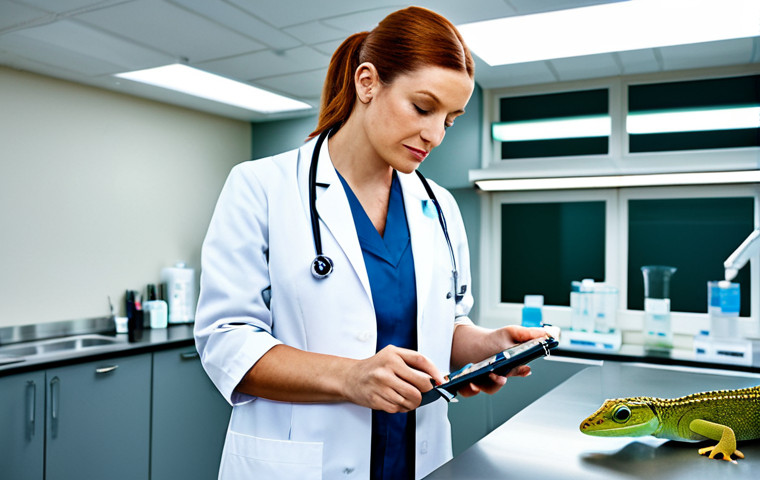 **

A veterinarian, fully clothed in a professional lab coat, examining a gecko in a modern veterinary clinic. The clinic is clean and well-lit. Includes medical tools in the background. Safe for work, appropriate content, professional setting, perfect anatomy, natural proportions.

**