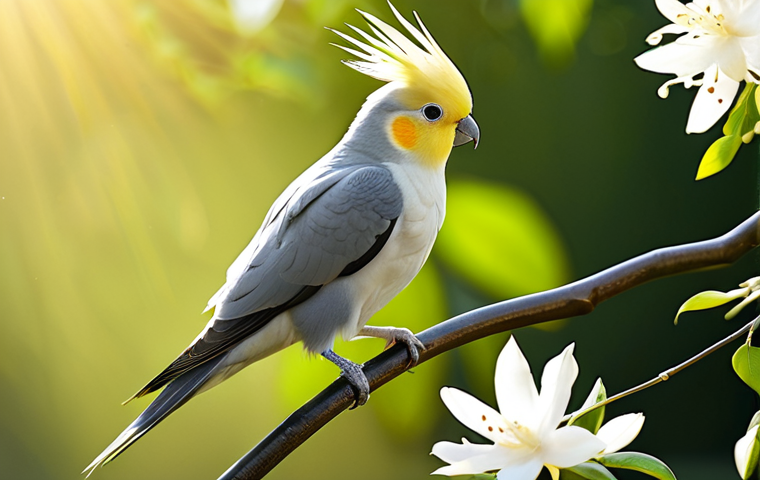 **

"A beautiful cockatiel perched on a blooming jasmine branch, bathed in morning sunlight. The bird is fully clothed in its natural feathers, displaying perfect anatomy and correct proportions. Background: a serene garden with soft, diffused light. Style: professional wildlife photography, high resolution, safe for work, appropriate content, fully clothed, family-friendly, natural pose."

**