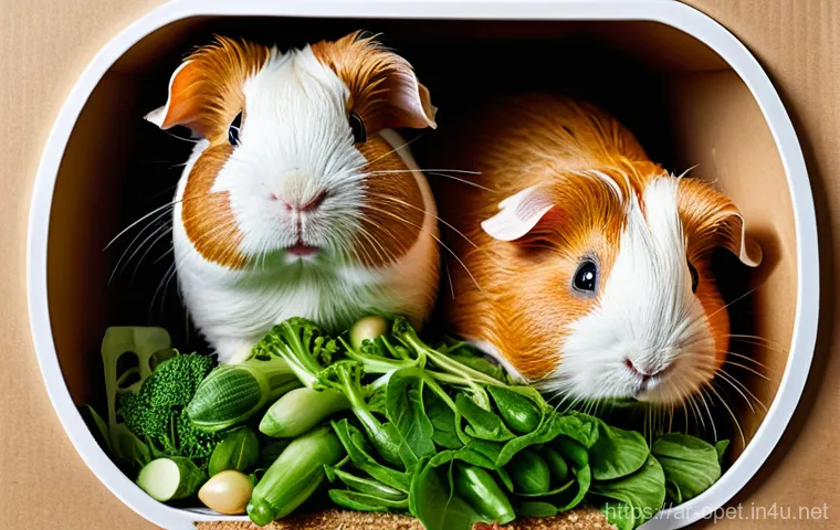 기니피그 서식 환경 조성 - A large, bright, and meticulously clean C&C (Cube and Coroplast) guinea pig cage. Inside, two health...