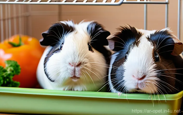 기니피그 서식 환경 조성 - A large, bright, and meticulously clean C&C (Cube and Coroplast) guinea pig cage. Inside, two health...