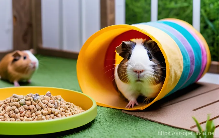 기니피그 서식 환경 조성 - A close-up view inside a guinea pig cage, highlighting the feeding station and comfortable bedding. ...
