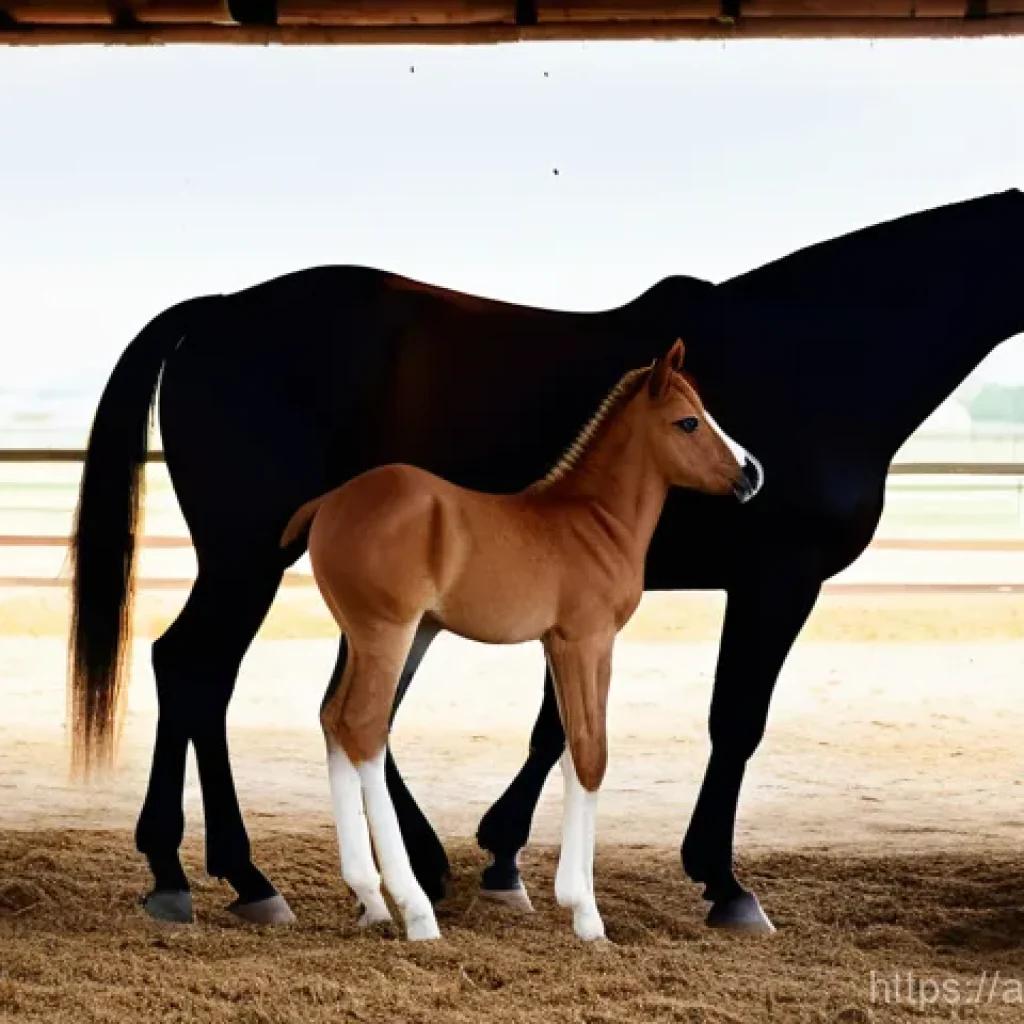 말 먹이 조합 - **Prompt:** A serene and heartwarming image of a well-groomed Arabian horse mare gently nuzzling her...