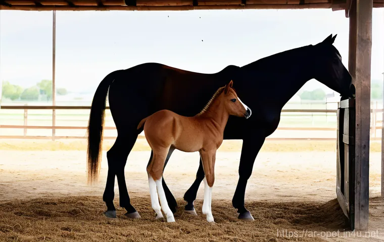 말 먹이 조합 - **Prompt:** A serene and heartwarming image of a well-groomed Arabian horse mare gently nuzzling her...