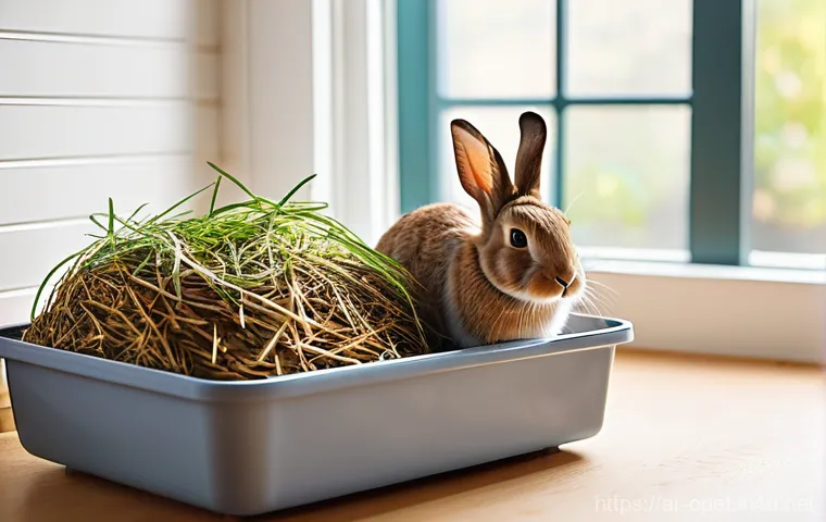 토끼 서식지 꾸미기 - **Prompt:** A vibrant and spacious indoor rabbit habitat, bathed in soft, indirect natural sunlight ...