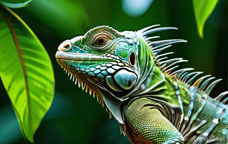 이구아나 종별 크기 - **Vibrant Green Iguana in a Tropical Canopy:**
    "A majestic, adult green iguana, approximately