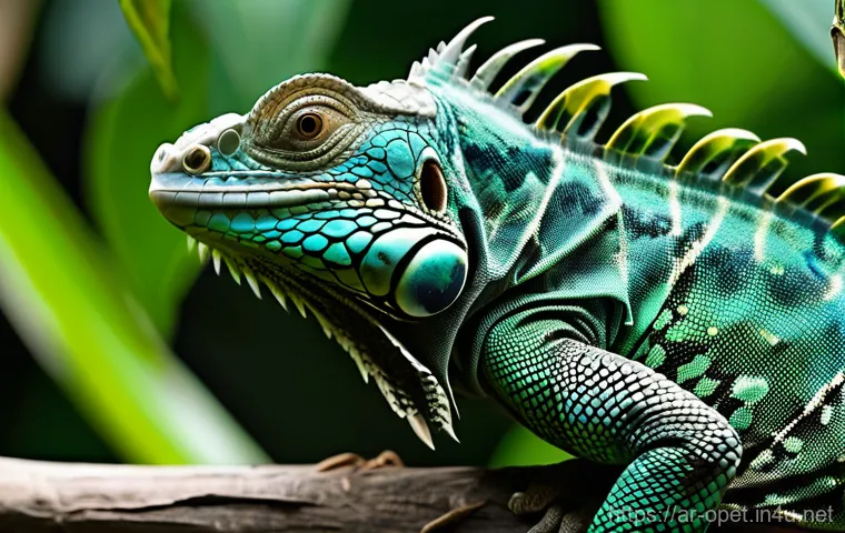 이구아나 종별 크기 - **Vibrant Green Iguana in a Tropical Canopy:**
    "A majestic, adult green iguana, approximately