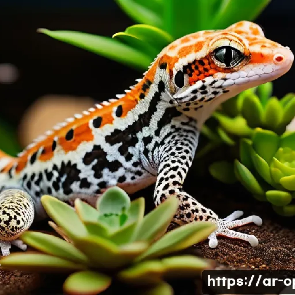 파충류 종별 온도 조절법 - "A close-up, highly detailed shot of a thriving Leopard Gecko gracefully positioned on a warm baskin...