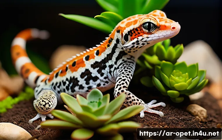 파충류 종별 온도 조절법 - "A close-up, highly detailed shot of a thriving Leopard Gecko gracefully positioned on a warm baskin...