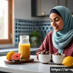 염소 분유 다이어트 효과 - A cozy modern kitchen scene with an Arabic woman in her 30s wearing casual modest clothing and a col...