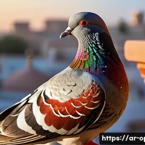 비둘기 품종별 특징 - A detailed close-up of a decorative pigeon perched calmly on a traditional Middle Eastern wooden bal...