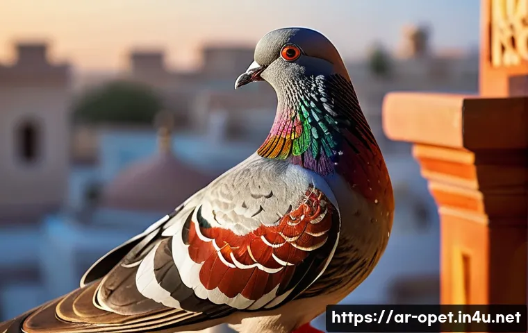 비둘기 품종별 특징 - A detailed close-up of a decorative pigeon perched calmly on a traditional Middle Eastern wooden bal...