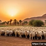 양 소규모 농장 운영법 - A serene rural sheep farm in a Middle Eastern setting during golden hour, featuring local Sudanese S...