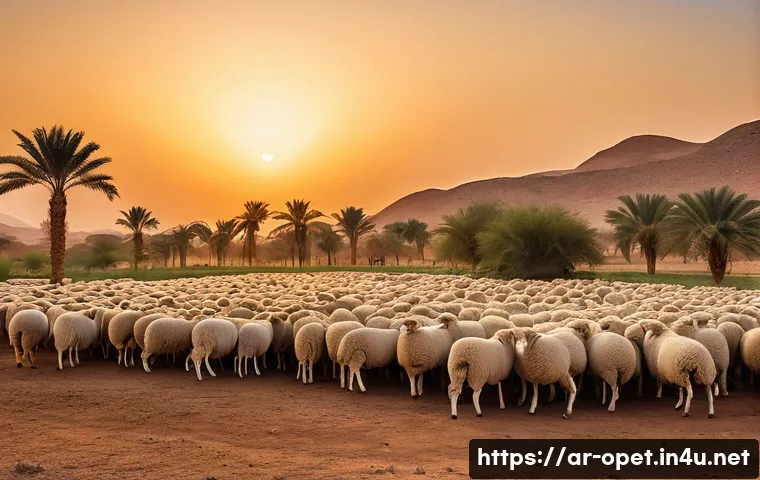 양 소규모 농장 운영법 - A serene rural sheep farm in a Middle Eastern setting during golden hour, featuring local Sudanese S...