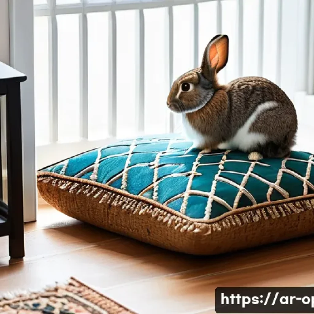 토끼 실내 배변 훈련 - A cozy indoor scene featuring a clean, quiet corner of a typical Middle Eastern home designed for a ...