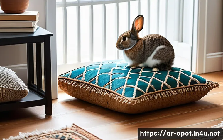 토끼 실내 배변 훈련 - A cozy indoor scene featuring a clean, quiet corner of a typical Middle Eastern home designed for a ...
