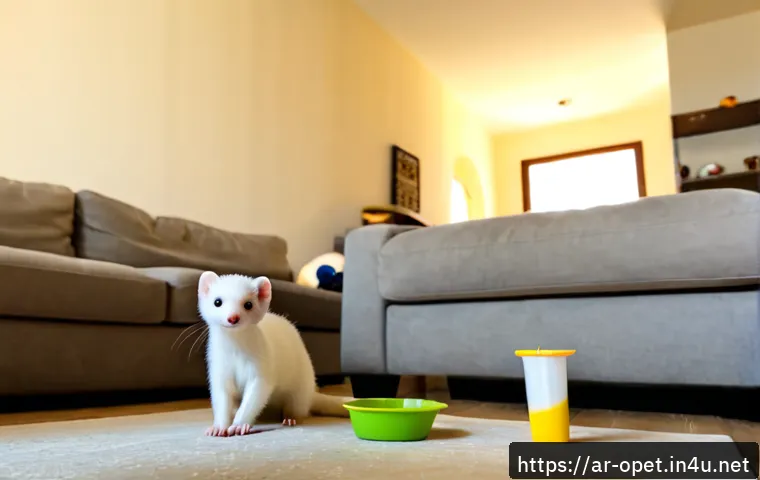 페럿 장수 비결 - Photorealistic healthy pet ferret enjoying supervised play in a clean, spacious sunlit living room o...